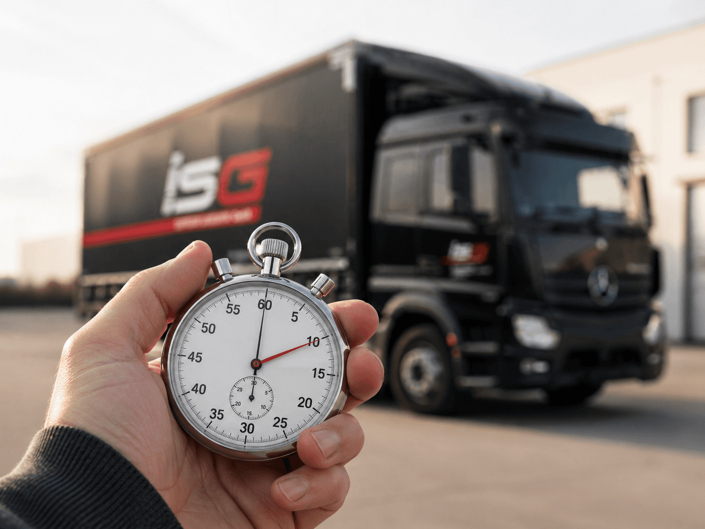 Stoppuhr vor ISG-LKW
